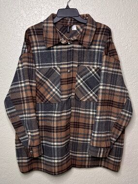 Divided by H&M Brown Gray Cream Plaid Oversized Warm Shacket Women's Size XL